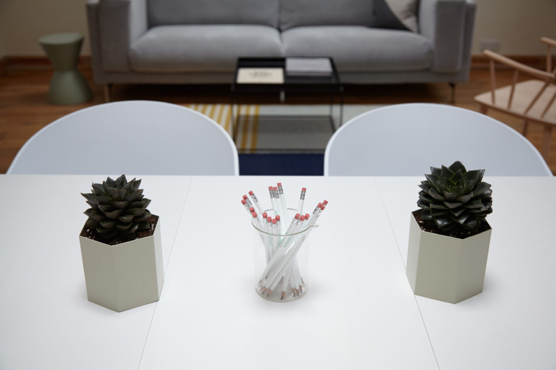 Two plants and a beaker filled with pencils on a white desk inside a marketing office.